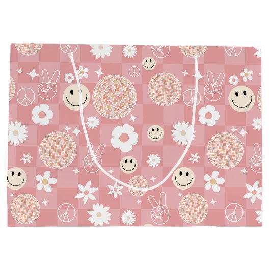 Retro Roze Groovy Geruit Hippie Patroon Groot Cadeauzakje (Achterkant)