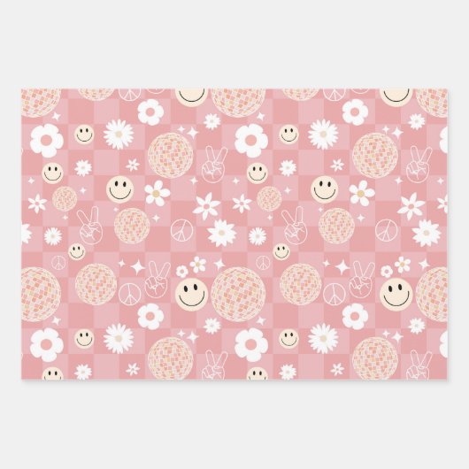 Retro Roze Groovy Geruit Hippie Patroon Inpakpapier Vel (Voorkant 3)