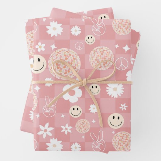 Retro Roze Groovy Geruit Hippie Patroon Inpakpapier Vel (In situ)