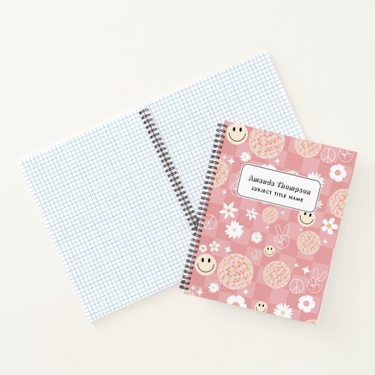 Retro Roze Groovy Geruite Hippie School Notitieboek (Binnen)
