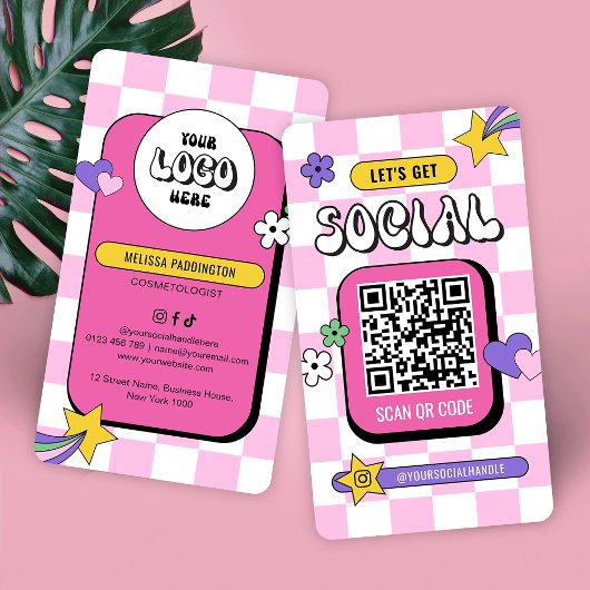 Retro Roze Groovy Logo Social Media QR Code Visitekaartje
