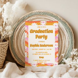 Retro Roze Groovy Madeliefje Bloemig Afstudeerfees Kaart