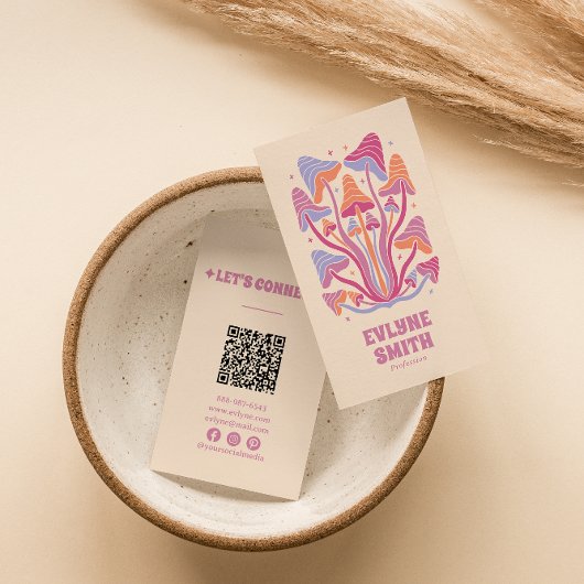 Retro Roze Groovy Paddenstoelen Girly Boho QR Code Visitekaartje