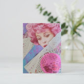 Retro Roze Haar Dames Mixed Media Collage Briefkaart (Staand voorkant)