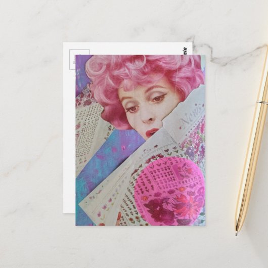 Retro Roze Haar Dames Mixed Media Collage Briefkaart (Voorkant / Achterkant in situ)