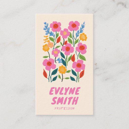 Retro Roze Hand getekend Geschreven QR Code Floral Visitekaartje (Voorkant)