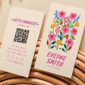 Retro Roze Hand getekend Geschreven QR Code Floral Visitekaartje