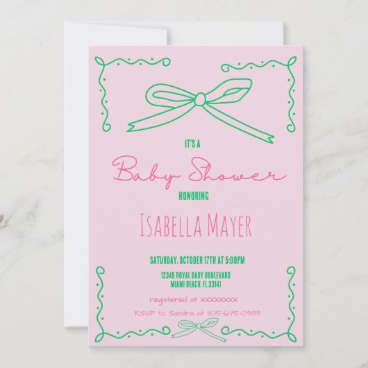 Retro Roze Hand getrokken Bow Baby shower Invitati Kaart (Voorkant)