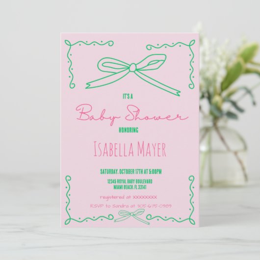 Retro Roze Hand getrokken Bow Baby shower Invitati Kaart (Staand voorkant)