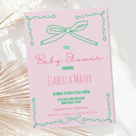 Retro Roze Hand getrokken Bow Baby shower Invitati Kaart