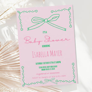 Retro Roze Hand getrokken Bow Baby shower Invitati Kaart