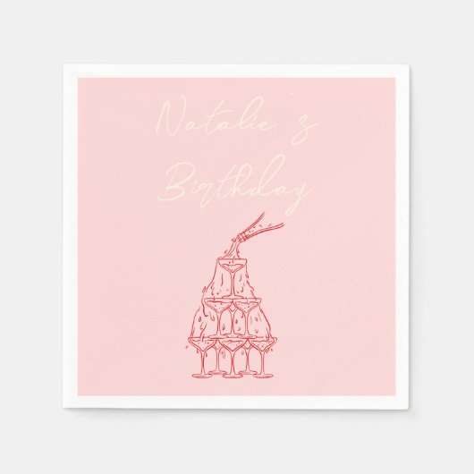 Retro Roze Hand getrokken Champagne Tower Verjaard Servet (Voorkant)