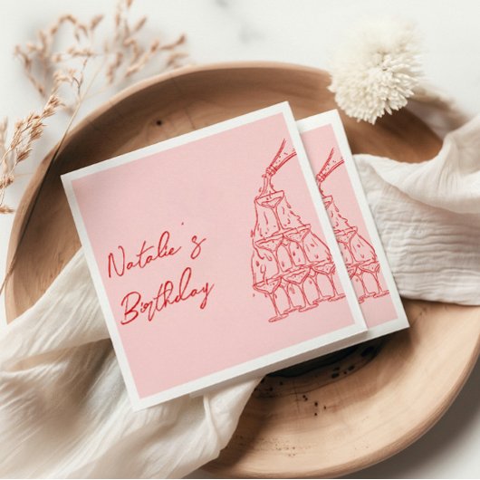 Retro Roze Hand getrokken Champagne Tower Verjaard Servet