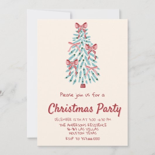 Retro Roze Hand Getrokken Kerst Bows Tree Party Kaart (Voorkant)