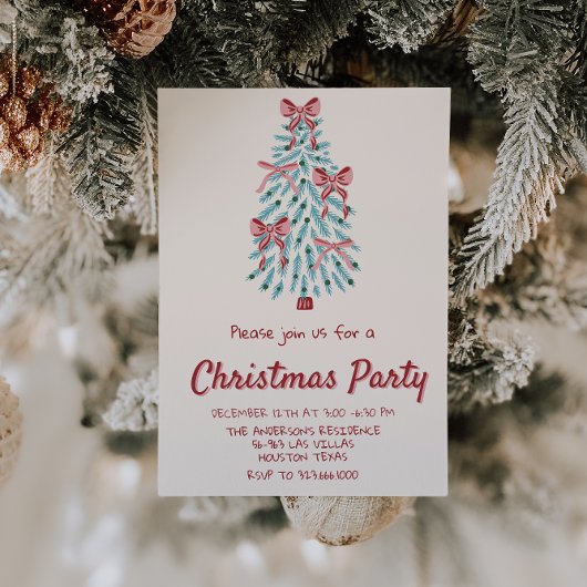 Retro Roze Hand Getrokken Kerst Bows Tree Party Kaart