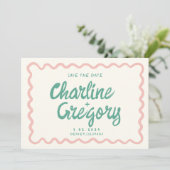 Retro Roze handschrift bruiloft opslaan Datum Kaart (Staand voorkant)