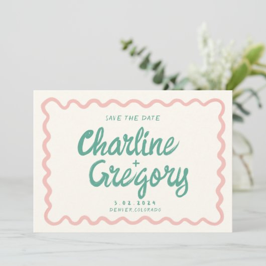 Retro Roze handschrift bruiloft opslaan Datum Kaart (Staand voorkant)