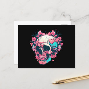 Retro roze harten schedel briefkaart