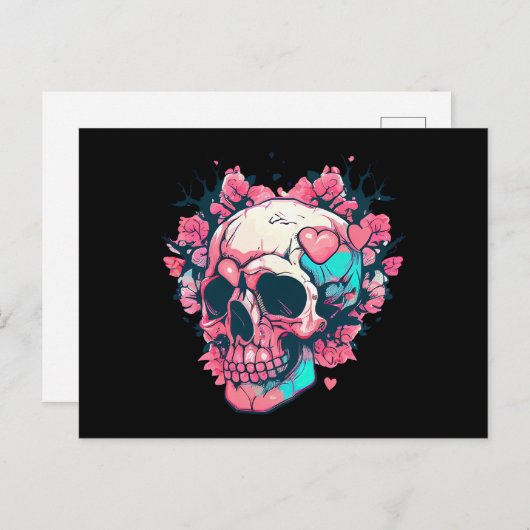 Retro roze harten schedel briefkaart (Voorkant / Achterkant)
