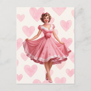 Retro Roze Hartjes Romantische Kaart Ansichtkaart