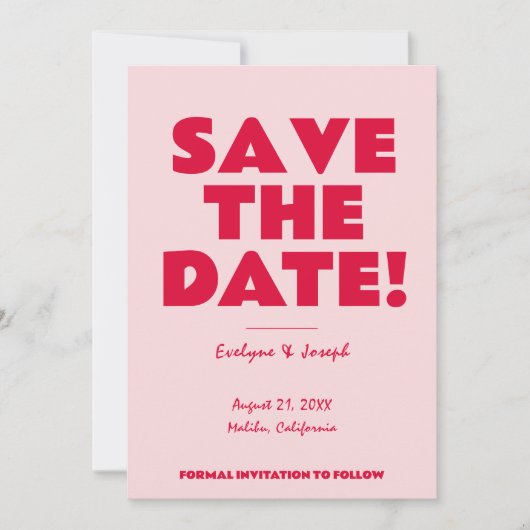 Retro roze heldere funky vet moderne foto bruiloft save the date (Voorkant)