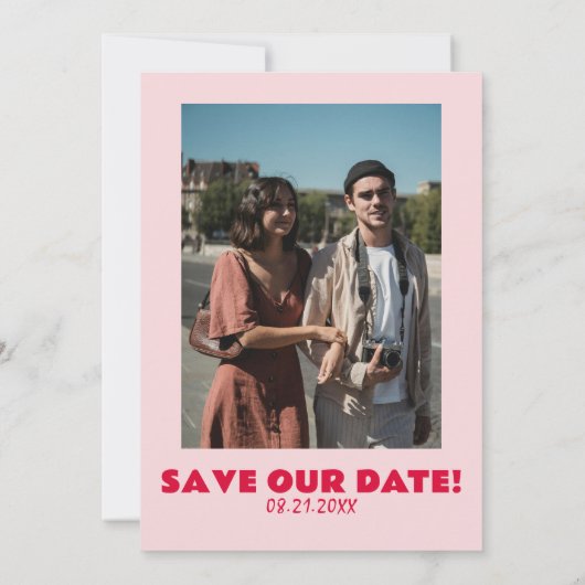 Retro roze heldere funky vet moderne foto bruiloft save the date (Achterkant)