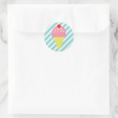 Retro Roze Ice Cream Kegel met Blauwe Strepen Ronde Sticker (Tas)
