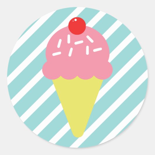 Retro Roze Ice Cream Kegel met Blauwe Strepen Ronde Sticker (Voorkant)