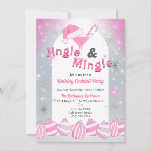 Retro Roze Jingle & Mingle Vakantie Cocktail Party Kaart (Voorkant)