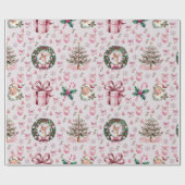 Retro roze kerst cadeaupapier (Vlak)