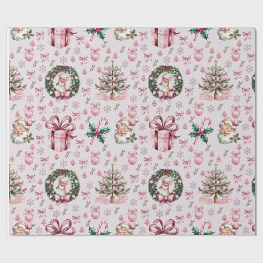 Retro roze kerst cadeaupapier (Vlak)