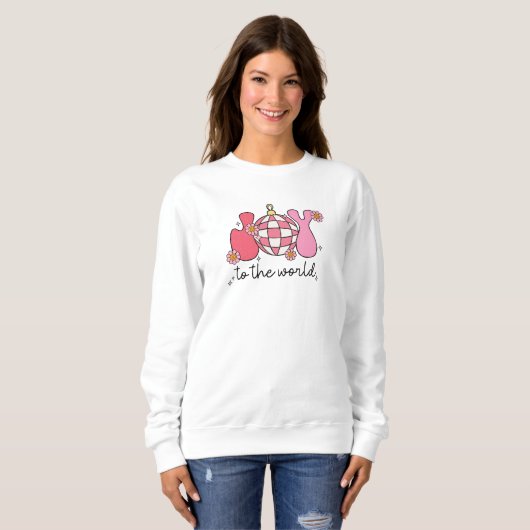 Retro Roze Kerst Sweatshirt Joy to the World (Voorkant volledig)