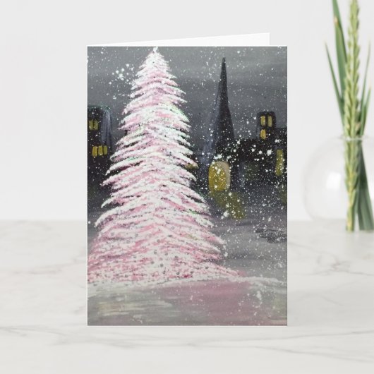 Retro Roze Kerstboom op een Vierkant van de Stad Feestdagen Kaart (Voorkant)