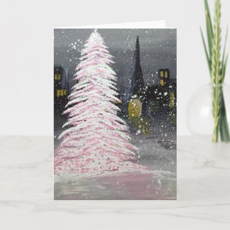 Retro Roze Kerstboom op een Vierkant van de Stad Feestdagen Kaart