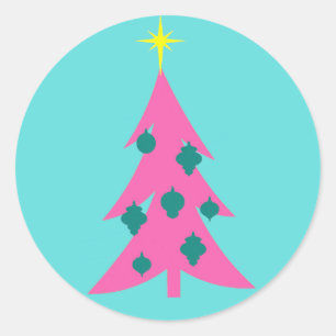Retro Roze Kerstboom Ronde Stickers