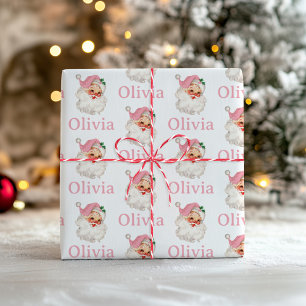 Retro Roze Kerstman gepersonaliseerd Cadeaupapier