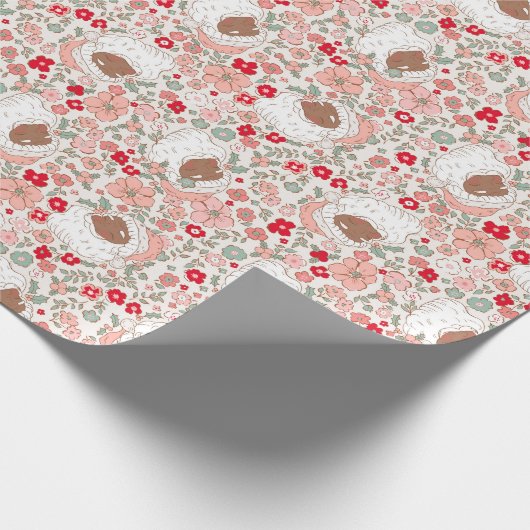 Retro Roze  Kerstman Kerstmis Bloemen Cadeaupapier (Hoek)