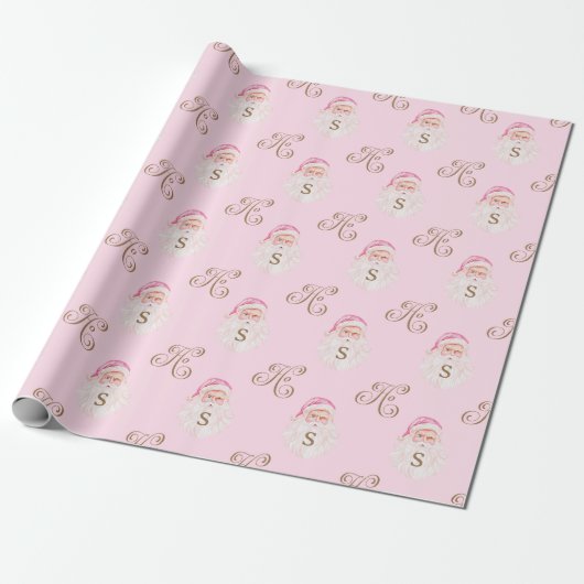 Retro Roze Kerstman Monogram Cadeaupapier (Uitgerold)