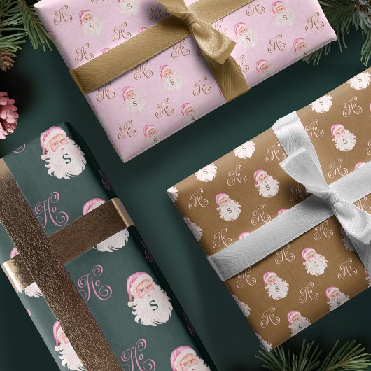 Retro  Roze Kerstman Monogram Inpakpapier Vel
