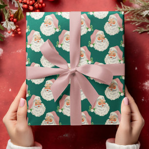 Retro Roze Kerstman op groen kerstinpakpapier Cadeaupapier