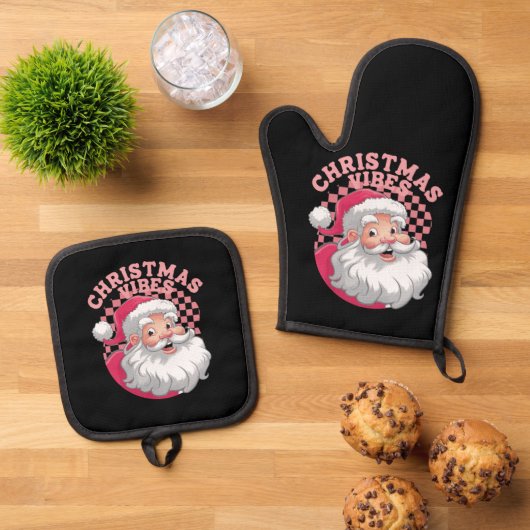  Retro Roze Kerstman Ovenwant & Pannenlap Set (Top down)