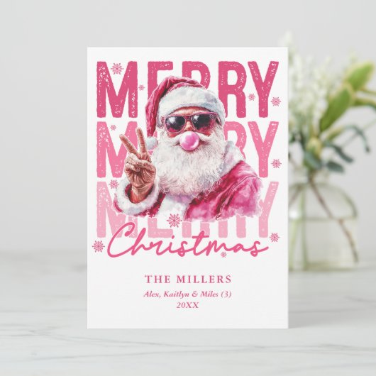 Retro Roze Kerstman Prettig Kerstfeest 3 Foto Fami Feestdagenkaart (Staand voorkant)