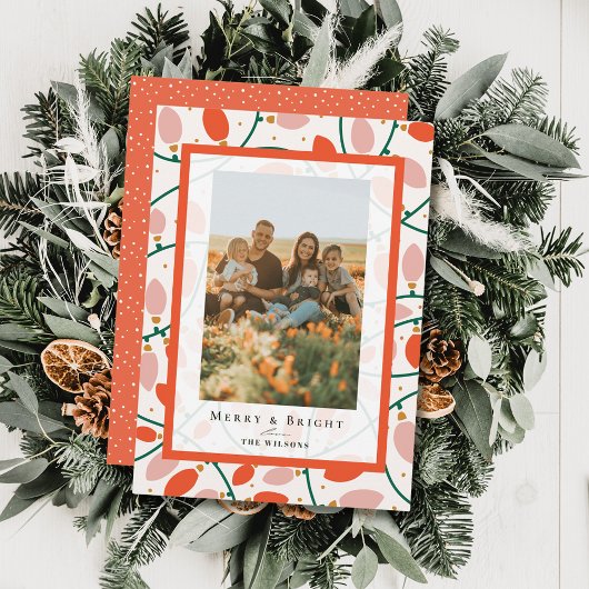 Retro Roze Kerstverlichting Vakantie Fotokaart Kaart