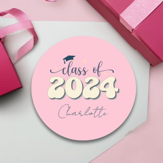 Retro roze klasse van 2024 Afstuderen Ronde Sticker