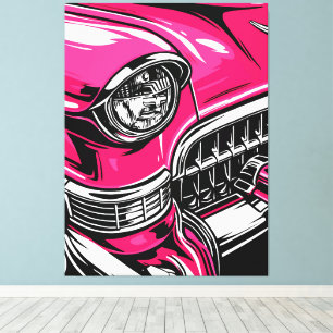 Retro Roze Klassieke Auto Voorkant Pop Art Illustr Canvas Afdruk