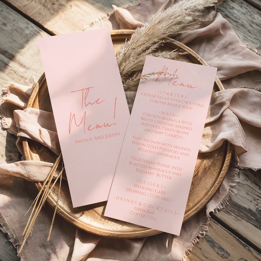 Retro Roze Koraal Handgeschreven Pastel Trouwmenu Menu