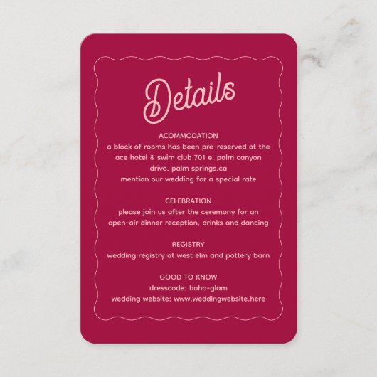 Retro Roze Lijst Bindende details peach Wave Informatiekaartje (Voorkant)