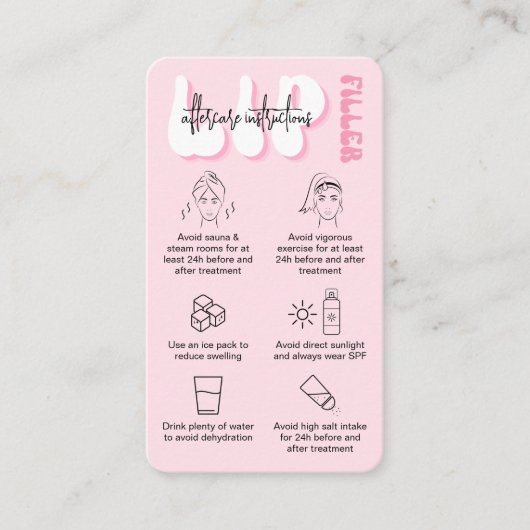 Retro Roze Logo Lip Filler Nazorg Instructies Visitekaartje (Voorkant)