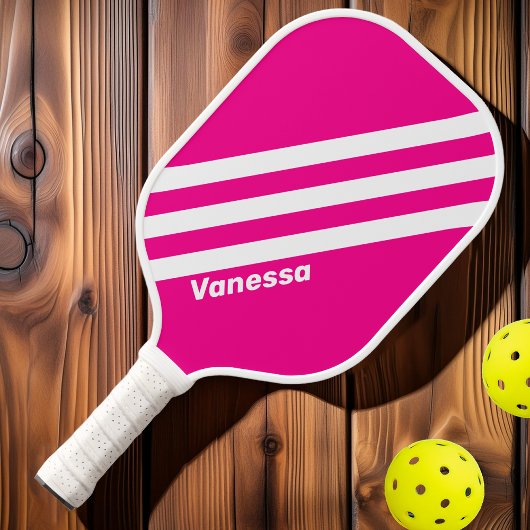 Retro Roze Lollypop Drie Strepen met Naam Pickleball Paddle
