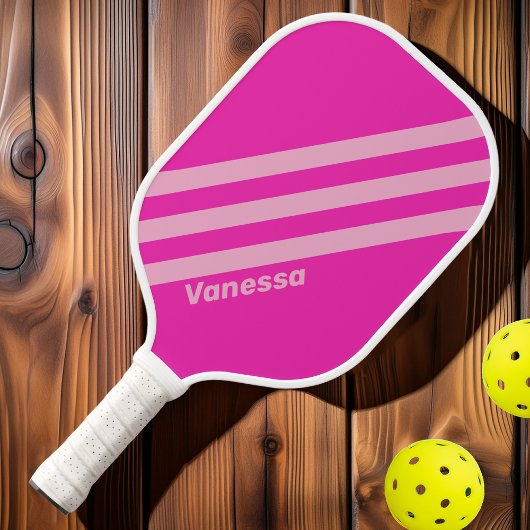 Retro Roze Lucht Drie Strepen met Naam Pickleball Paddle